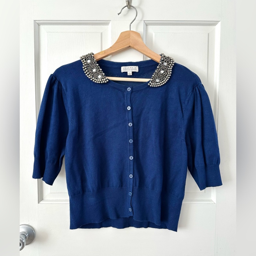 Joseph A. Navy Blue Short Sleeve Cardigan with Beaded Removable Collar Twee XL